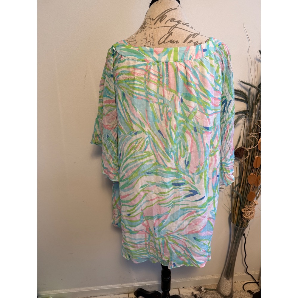 Lilly Pulitzer Silk Tunic Top XXS Pink Green Blue Tropical Palm Leaf Print